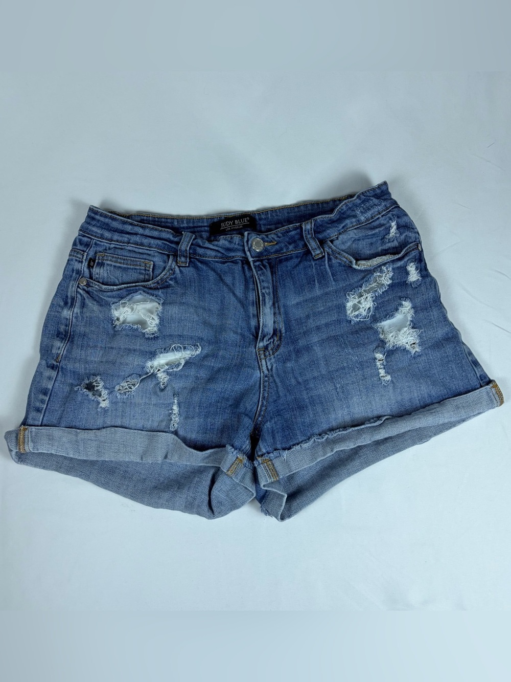 Judy Blue Distressed Rolled-Hem Denim Shorts - Blue XL
